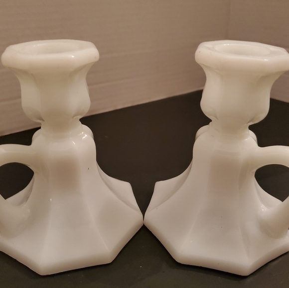 Vintage Milk Glass Candle Holders w/Handles - Picture 6 of 7